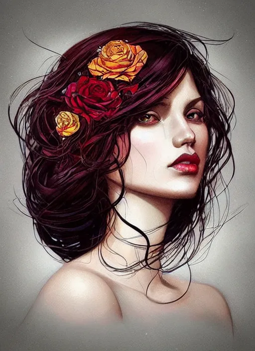 Prompt: beautiful woman with hair made from stained glass in the design of a rose. painting by artgerm and greg rutkowski and ilya kuvshinov