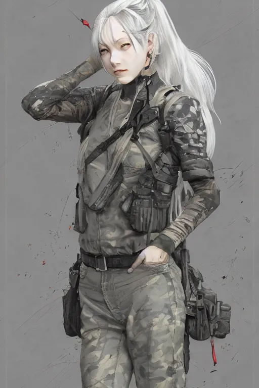 Prompt: girl, silver hair (ponytail), (winking), multicam (camo), trending on artstation, detailed, cinematic portrait, ilustration by Takehiko Inoue (((and Yoann Lossel)))