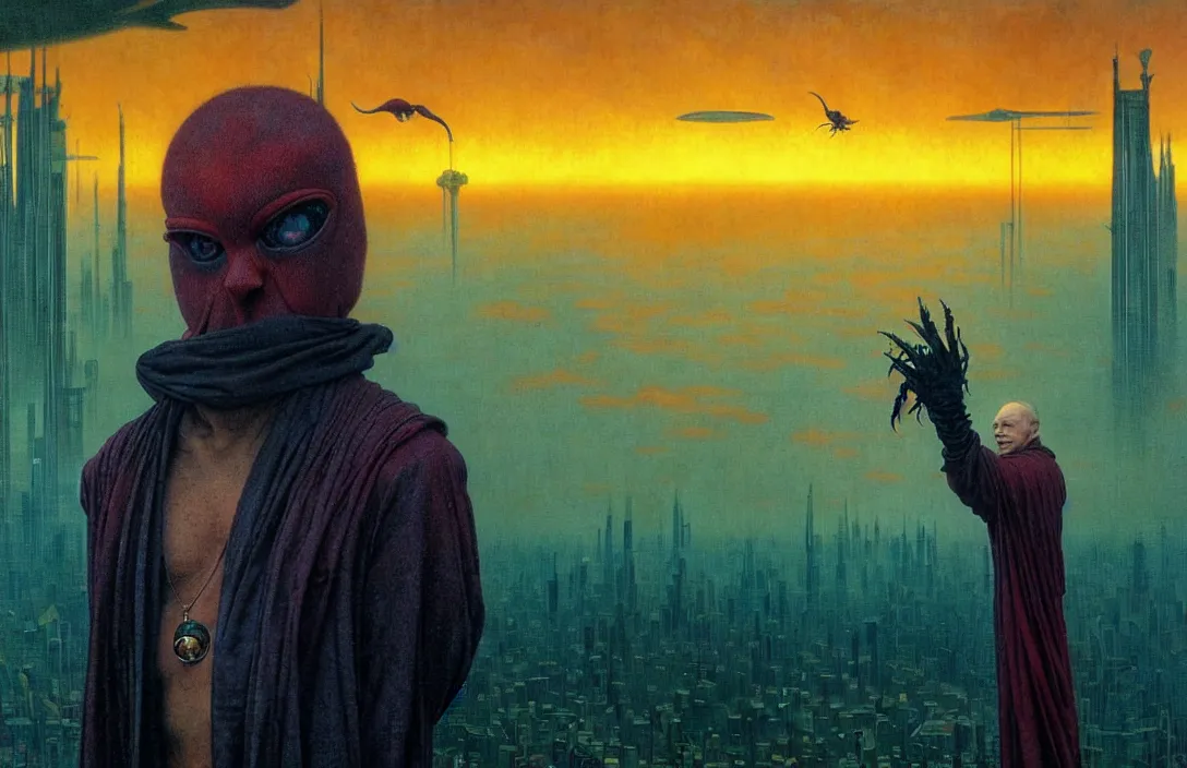 Image similar to realistic detailed portrait movie shot of a birdman wearing dark ragged robes, futuristic city sunset landscape background by denis villeneuve, amano, yves tanguy, alphonse mucha, ernst haeckel, max ernst, roger dean, rich moody colours, blue eyes