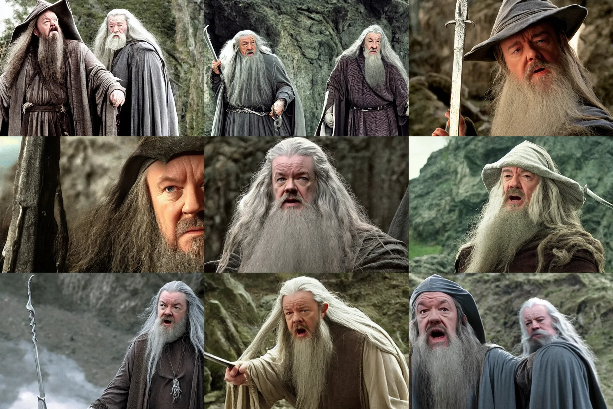 Prompt: ricky gervais as gandalf, still image from lord of the rings