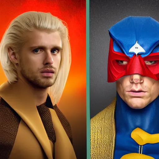 Prompt: portrait of a blonde masculine man two sides hair and thin face lines, his cape is the american flag, he is angry, his costume is blue with yellow eagles head on the shoulders, 8 k, hyper realistic, movie imax shot, film, cinematography, red