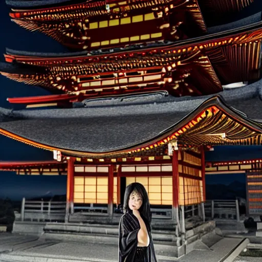 Image similar to photo of beautiful femal nina on top of a Japanese temple, night, cinematic, high detail, 8k,