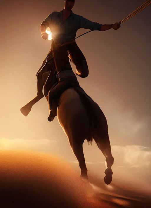 Prompt: man riding horse on shoulders, volumetric lighting, beautiful, golden hour, sharp focus, ultra detailed, cgsociety by leesha hannigan, ross tran, thierry doizon, kai carpenter, ignacio fernandez rios, noir photorealism, film