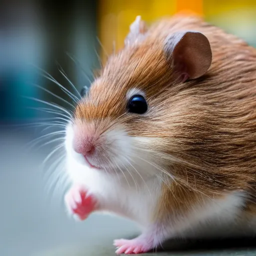 Image similar to photo of a hamster, outside a cinema, various poses, unedited, soft light, sharp focus, 8 k