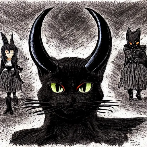 Prompt: a black cat with goat horns by kentaro miura