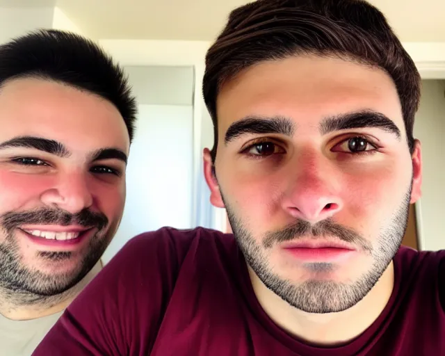 Image similar to A young man with big round brown eyes, medium length brown hair, a roman nose, oval face, wearing a maroon t-shirt, clean shaven, HD selfie