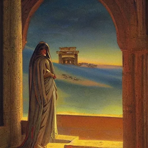 Image similar to pretty robot android Persian woman looking out of her Persian balcony towards greek ruins of temples at sunset. Painting by Gustav Dore. Colored painting.