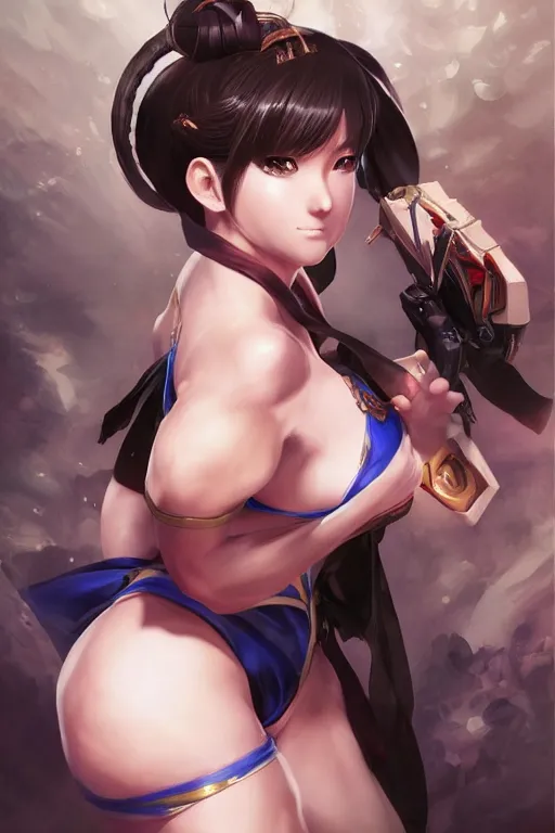 Prompt: A beautiful semi realistic anime portrait of Chun li, by Stanley Artgerm Lau, WLOP, Ross Tran, James Jean, Andrei Riabovitchev, Marc Simonetti, and Sakimichan, Hyung Tae Kim, trending on artstation