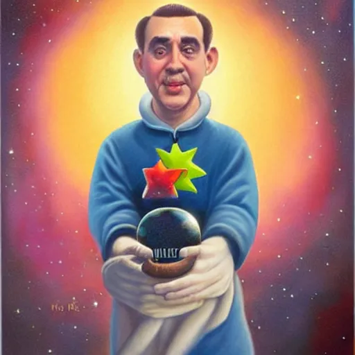 Image similar to a cute gomer pyle holds the universe in his hand, an ultrafine detailed painting by mark ryden, trending on deviantart, pop surrealism, whimsical, lowbrow, grotesque