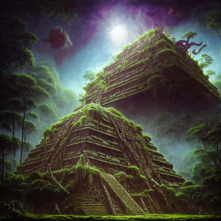 Image similar to surreal painting of crashed mayan aztec spaceship overgrown by jungle, soft grainy bloom lucid dream - like atmosphere, harsh flash photo at night, baroque painting, perfect composition, detailed octane render trending on artstation, 8 k artistic photography, volumetric cinematic perfect light, chiaroscuro, masterpiece, raphael, caravaggio, beksinski, rutkowski, beeple