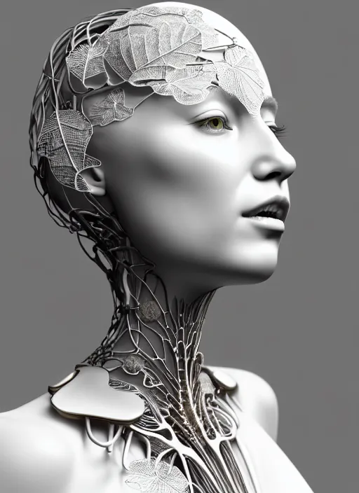 Image similar to complex 3d render ultra detailed of a beautiful porcelain profile young woman face, biomechanical cyborg, 150 mm lens, beautiful studio soft light, rim light, silver white gold details, magnolia big lemon leaves and stems, roots, fine foliage lace, mesh wire, Alexander Mcqueen high fashion haute couture, art nouveau fashion embroidered, steampunk, intricate details, hyper realistic, ultra detailed, mandelbrot fractal, anatomical, facial muscles, cable wires, microchip, elegant, octane render, H.R. Giger style, volumetric lighting, 8k post-production