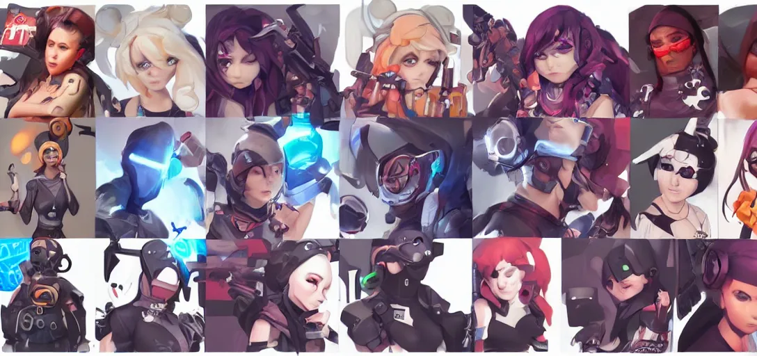 Image similar to concept art of female video game characters head designs, punk, disgaea, flcl, overwatch, by marc brunet and artgerm