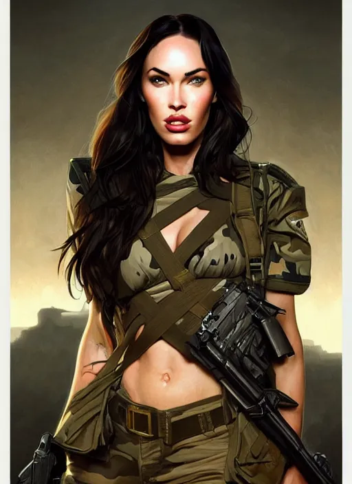 Prompt: portrait of megan fox as soldier, uniform, g 3 6, gun, camouflage, intricate, headshot, highly detailed, digital painting, artstation, concept art, sharp focus, cinematic lighting, illustration, art by artgerm and greg rutkowski, alphonse mucha, cgsociety