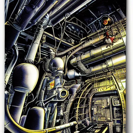 Prompt: engine room of nostromo, cassette futurist, alien 1 9 7 9, ron cobb, mike mignogna, highly detailed, comic book, science fiction, punk, grunge, used future, hdr light realistic detail - - ar 1 6 : 9