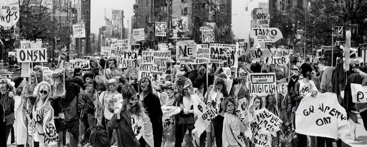 Image similar to hippies protesting with spaghetti signs, 1 9 6 0's,, high detail, canon 5 0 mm, cinematic lighting, photography, retro, film, kodachrome