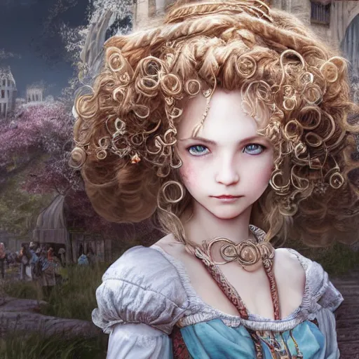 Prompt: character portrait of the white princess in the marketplace in the sky, color page, 4K, tone mapping, doll, Akihiko Yoshida, James_Jean_Andrei_Riabovitchev_Marc_Simonetti, Yoshitaka Amano, braided hair, ringlet, curls