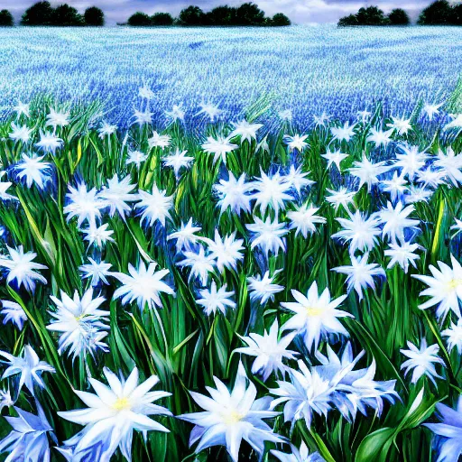 Image similar to field of light blue and white lilys, matte painting