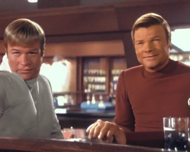 Prompt: captain kirk and doctor mccoy drunk, sitting at the bar, cdx