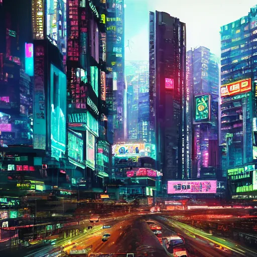 Image similar to a realistic painting of cyberpunk hong kong, many huge signs, ultra hd wallpaper, 4 k