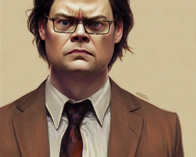 Image similar to close up of dwight schrute wearing a brown suit and necktie, focus, d & d, intricate, elegant, highly detailed, digital painting, artstation, concept art, matte, sharp focus, illustration, hearthstone, art by artgerm and greg rutkowski and alphonse mucha