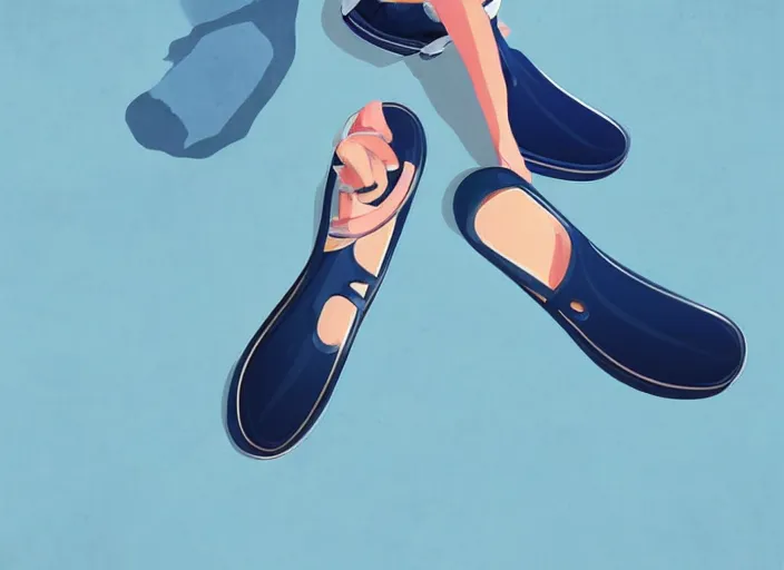 Image similar to a pair of navy blue crocs. sky blue background. clean cel shaded vector art. shutterstock. behance hd by lois van baarle, artgerm, helen huang, by makoto shinkai and ilya kuvshinov, rossdraws, illustration, art by ilya kuvshinov