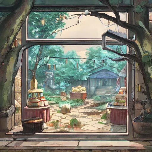 Prompt: concept art painting of a historic bakery with european and japanese architecture, window with baked goods, in a woodland village surrounded by trees and mountains, realistic, detailed, cel shaded, in the style of makoto shinkai and greg rutkowski and james gurney