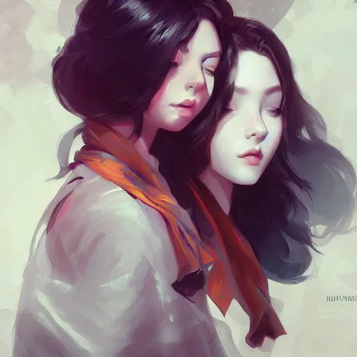 Image similar to 2 beautiful women illustration fantasy digital art by guweiz trending on artstation