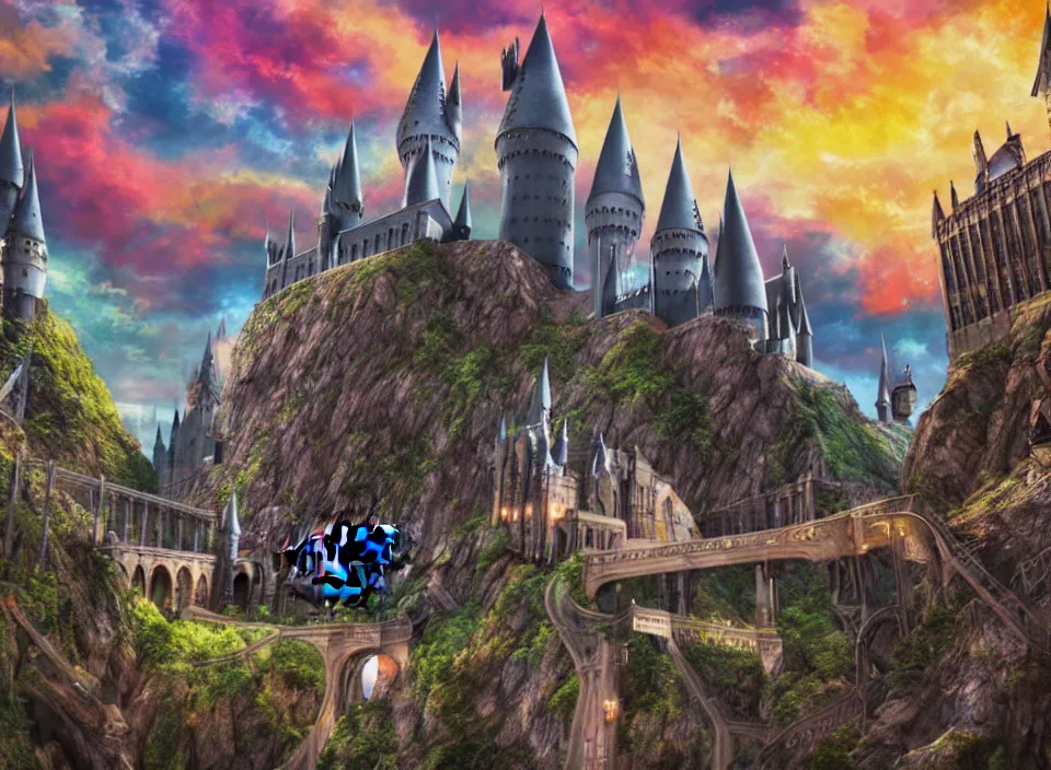 Prompt: harry potter universe landscape, hogwarts, anime, colorful, vibrant, 8 k