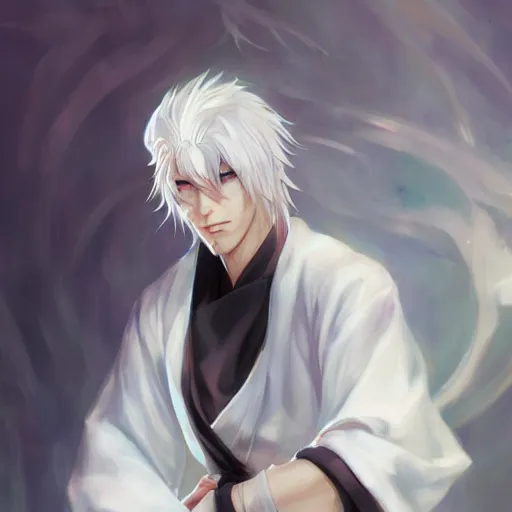 Prompt: white haired parted down the middle, wearing white hakama anime man with black sclera, full body portrait made by Stanley Artgerm, WLOP, Rossdraws, James Jean Andrei Riabovitchev, Marc Simonetti, Yoshitaka Amano, Artstation