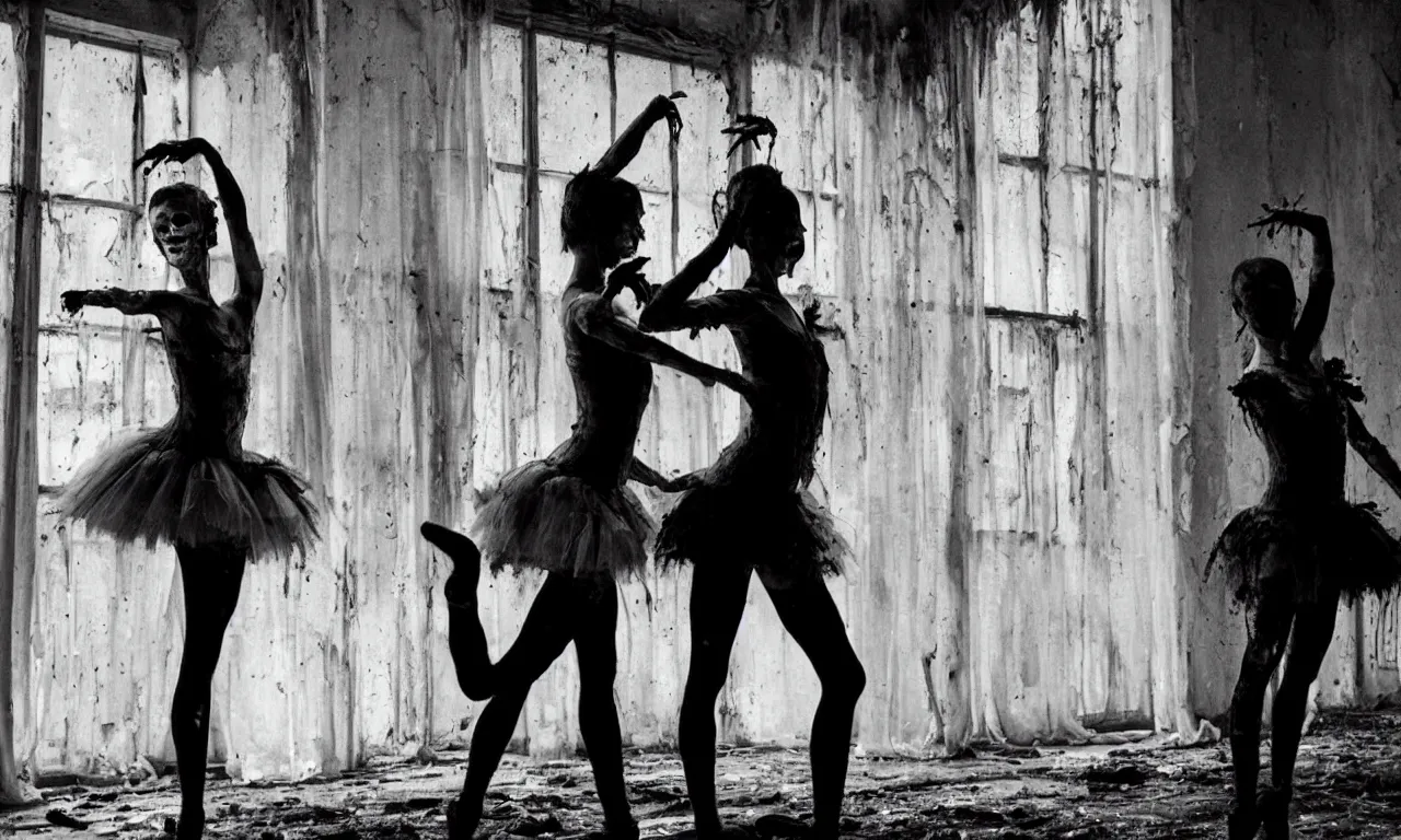 Image similar to a pair of horror zombie ballerina's in black tutu dancing swanlake in a rundown, moldy and dirty theater. light is coming in via stained windows, henri cartier besson