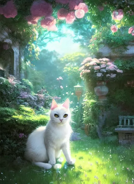 Prompt: portrait of a cute cat in an enchanted garden, digital illustration, by makoto shinkai and ruan jia