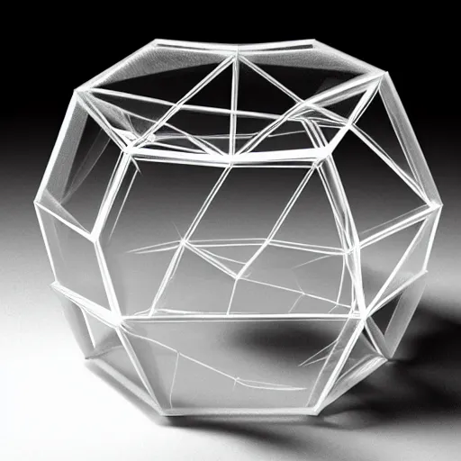 Prompt: 3 d rendering of a transparent dodecahedron with caustic projection on the ground, octane renderer, raytracing