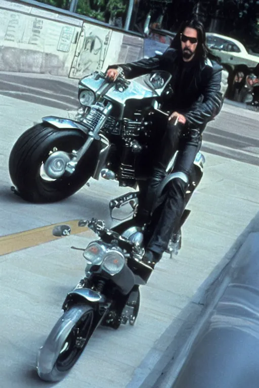 Image similar to beautiful hyperrealism three point perspective film still of Keanu Reeves as neo in bullet in a nice oceanfront promenade motorcycle chase scene in Matrix meets ronin(1990) extreme closeup portrait in style of 1990s frontiers in translucent porcelain miniature street photography fashion edition, focus on face, tilt shift style scene background, soft lighting, Kodak Portra 400, cinematic style, telephoto by Emmanuel Lubezki