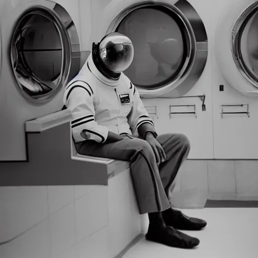 Image similar to a beautiful photo of an astronaut waiting in a laundromat, 1970', soft light, morning light, photorealistic, realistic, octane, 8k, cinematic shot