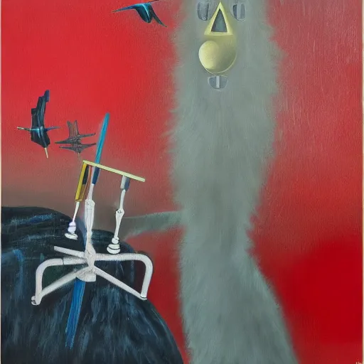 Image similar to Oil painting by Yves Tanguy. Mechanical gods with bird faces kissing. Oil painting by Lisa Yuskavage.