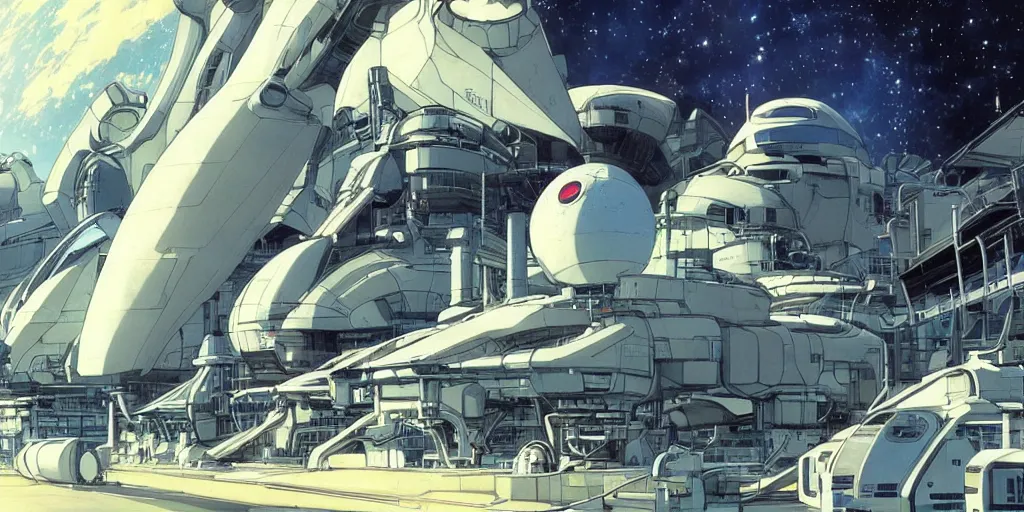 Prompt: spaceship factory, art by makoto shinkai and alan bean, yukito kishiro