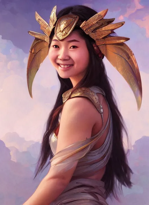 Image similar to Close-up portrait of smiling young asian woman wearing a winged helmet and bare shoulders, holding a magic staff, portrait, highly detailed, digital painting, artstation, concept art, sharp focus, illustration, art by artgerm and greg rutkowski and alphonse mucha