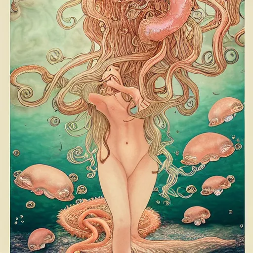 Prompt: poster by Miho Hirano, The light pink Queen of the Sea waves and her devoted servant silver octopus drink china tea ,digital art, atmospheric , realistic, detailed, , beautiful collage technique including jellyfish, branches, little fishes, , sea background, beautiful Fantasy detailed trending on artstation, oil painting,Dramatic lighting, eterea , high quality print, fine art with subtle redshift rendering