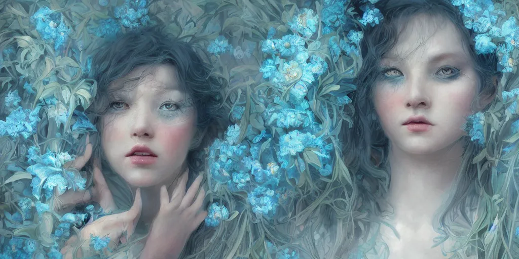 Image similar to breathtaking detailed concept art painting portrait of the hugs goddess of light blue flowers, carroty hair, orthodox saint, with anxious piercing eyes, ornate background, amalgamation of leaves and flowers, by hsiao - ron cheng, extremely moody lighting, 8 k