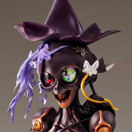 Image similar to by Yoshitaka Amano, by James Jean, by Good Smile Company, detailed resin anime sculpture of a 26yo female jester necromancer wearing a skull hat, close up dslr studio photograph, headshot, portrait, artstation, grimdark costume, rim lighting