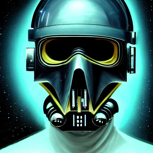 Image similar to A close up portrait of most wanted cyberpunk space pirate warping time and space, wearing menacing skull space helmet, trading illegal goods, star wars meet protomolecule, magic mushrooms, psilocybin, LSD, dark force full face space helmet, space pressurized suit, futuristic, blade runner, detailed, intricate, elegant, highly detailed, digital painting, artstation, concept art, smooth, sharp focus, akira style illustration, art by Krenz Cushart and Artem Demura and Alphonse Mucha