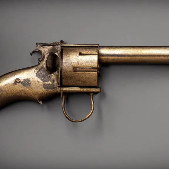 Image similar to a 4 k photorealistic photo medium shot of a bronze statue of a revolver gun.