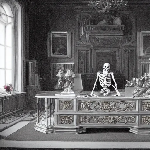Prompt: detailed, skeleton in suit made of glass, sitting behind a baroque desk in a royal office, film