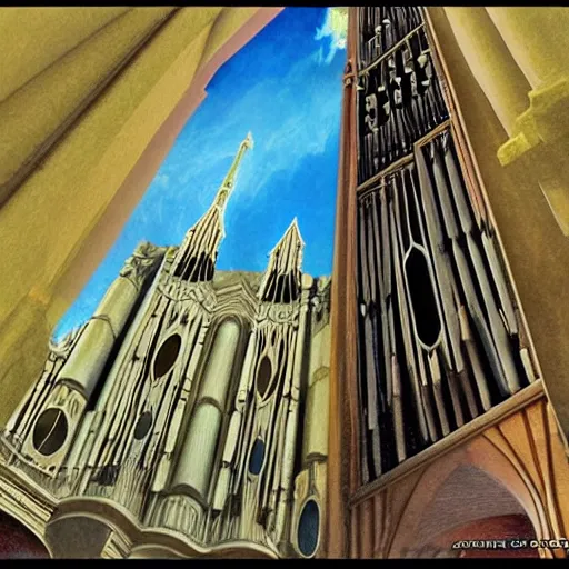 Prompt: gopro footage of a girl climbing the worlds tallest pipe organ, digital art style of alan lee and john howe