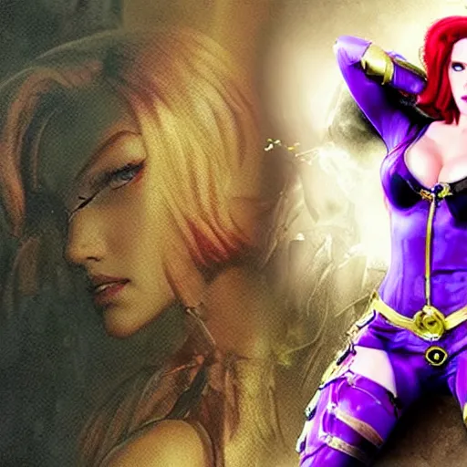 Prompt: Scarlett Johansson as Ivy Valentine from Soul Calibur