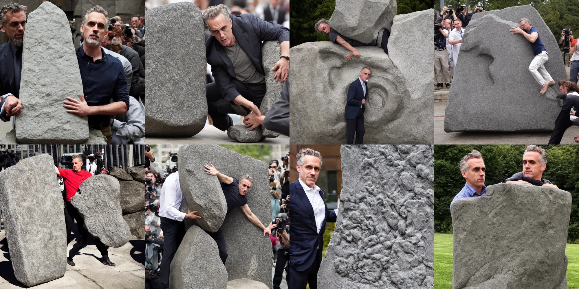 Prompt: jordan peterson being crushed under a metaphorical stone slab representing the weight of his own lies, crushed, jordan is crushed