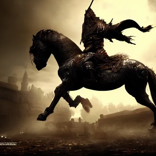 Image similar to horse as a dark souls boss artistic. illustration. 4 k. cinematic. photoreal. dark colors