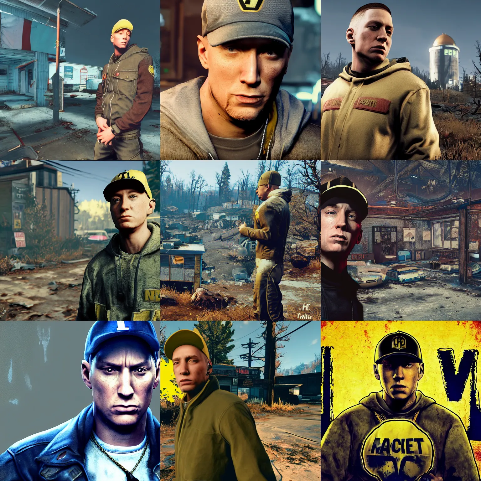 Prompt: Eminem in fallout 76, photograph, high quality, detailed, sharp