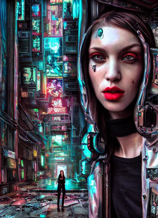 Image similar to portrait photo, 3 5 mm lomography, female doorwoman, gang clothing fashion, id magazine, hyperrealism, detailed textures, photorealistic, cyberpunk apocalyptic city, ultra realistic, cinematic, intricate, cinematic light, 8 k, david la chapelle, david kostic, artgerm