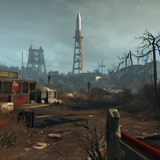 Image similar to Cape Canaveral post-nuclear war in Fallout 4, in game screenshot